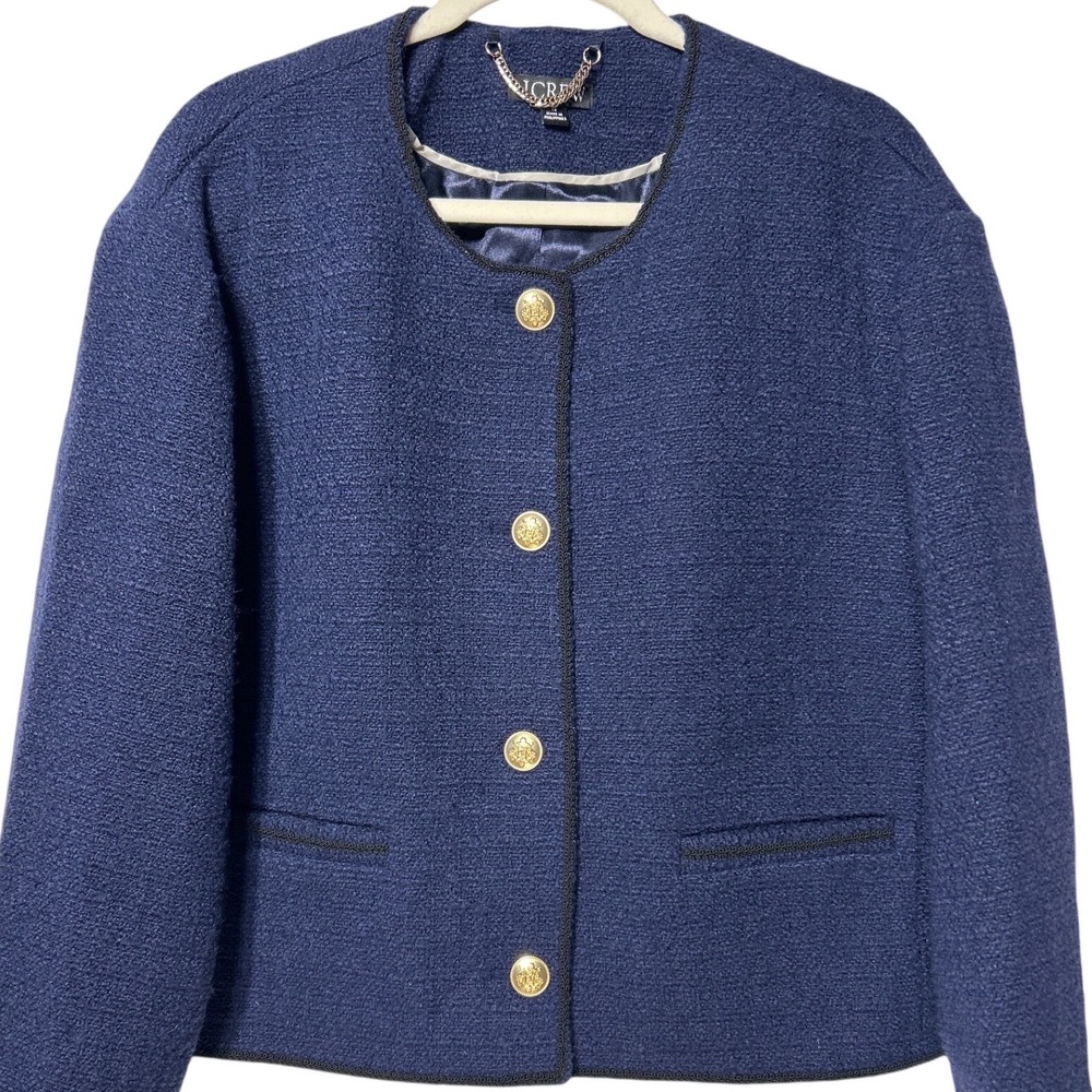 J.Crew Lady Bomber Jacket Maritime Bouclé Tweed Wool Navy Gold Buttons Sz 18 EUC - Picture 2 of 10